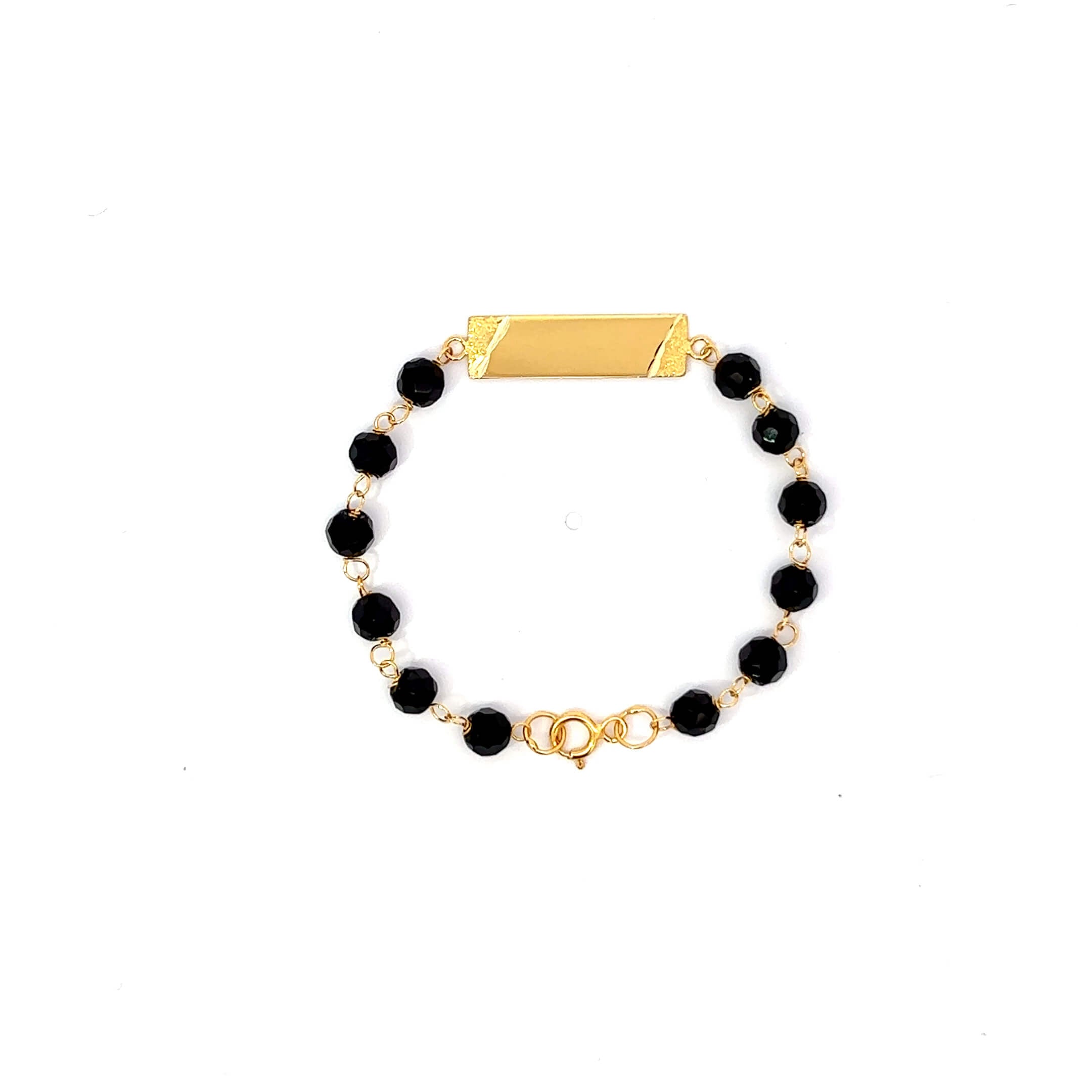 ''Indigo'' Gouden 14k babybracelet met ogri-ai kralen en naamplaat