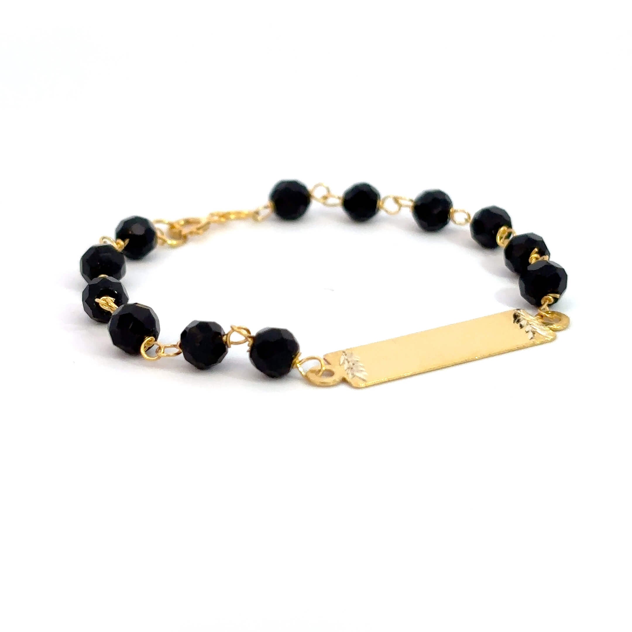 ''Indigo'' Gouden 14k babybracelet met ogri-ai kralen en naamplaat