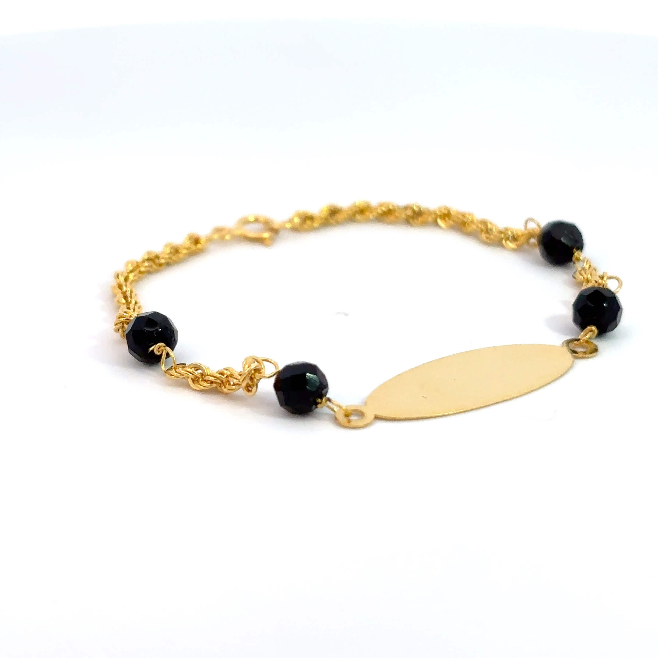 ''Kibri'' 14K babybracelet met ovale naamplaat met rope chain en (ogri ai) kralen